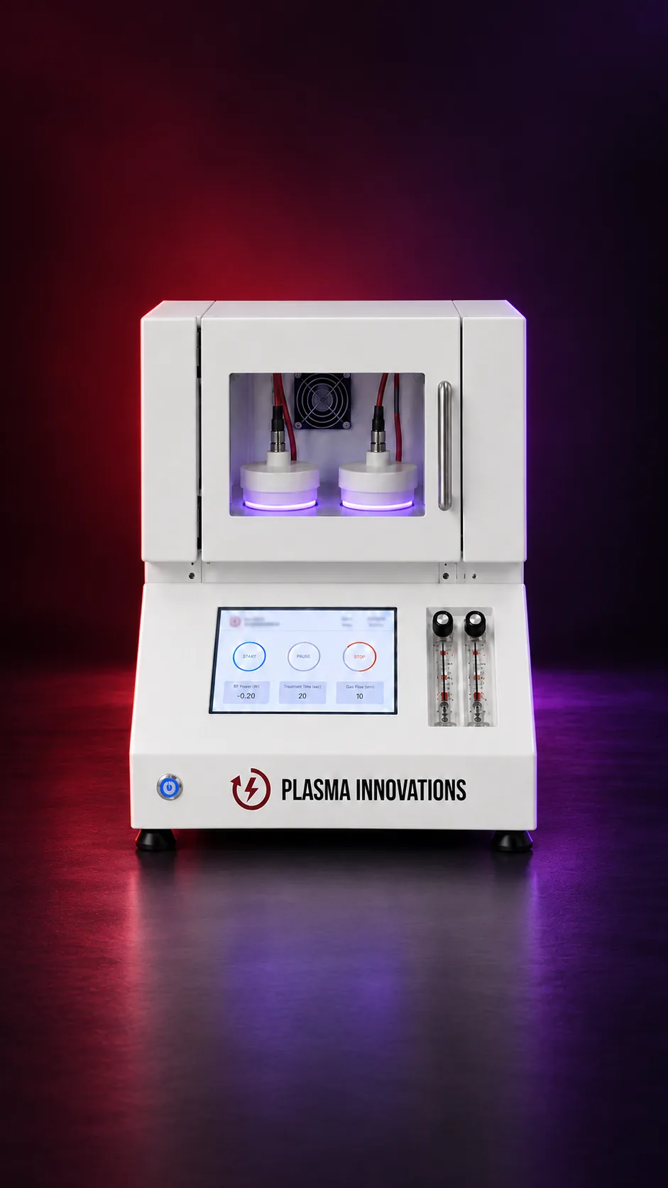 เครื่อง NPC-DBD Plasma ตัวเครื่องสีขาว มีห้องทดสอบหัวปล่อยพลาสมา 2 ชุด และหน้าจอสัมผัส